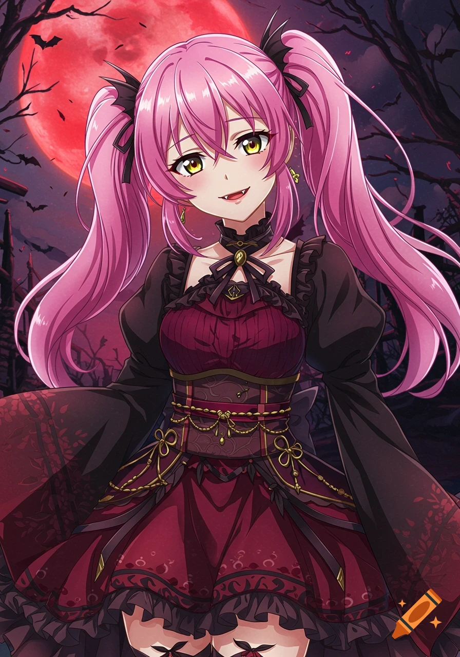 An anime-style illustration of a vampire girl with pink pigtails and fangs, wearing a red and black gothic dress, against a blood moon and bats.