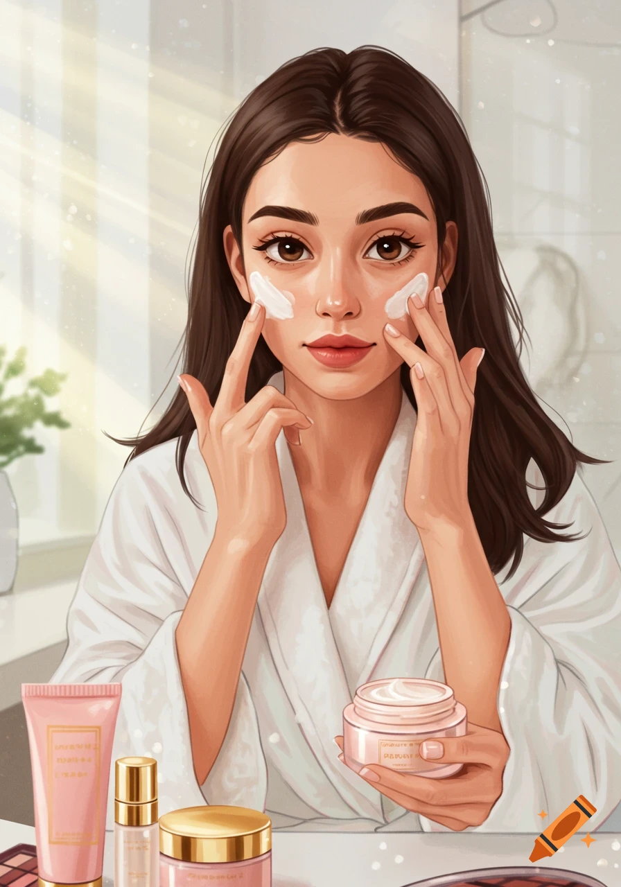 A stylized illustration of a young woman applying face cream in a bathroom, with cosmetic products on a counter.