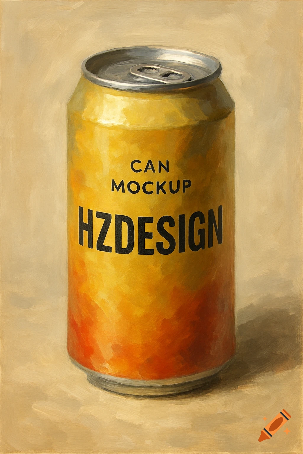 Painted mockup of a yellow and orange can with 'CAN MOCKUP HZDESIGN' text.