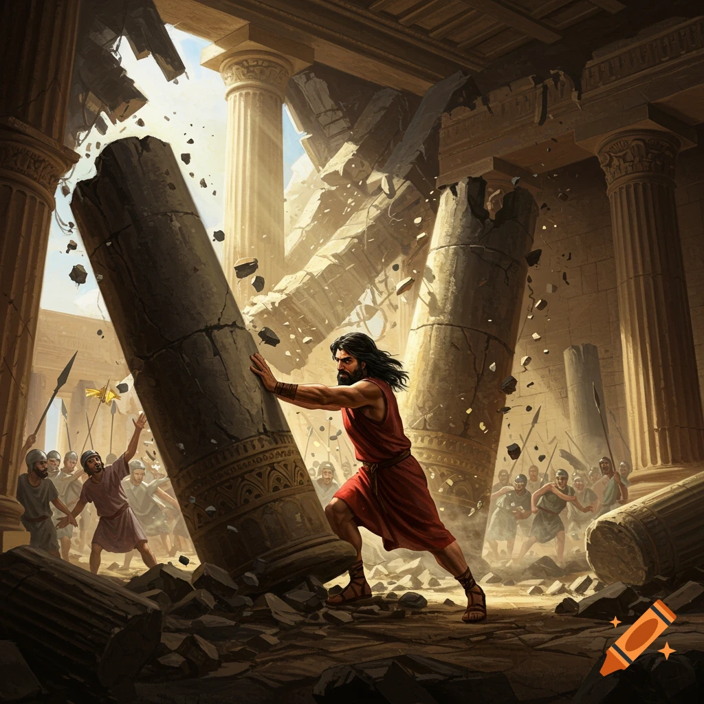 Samson pushing down pillars in a collapsing temple, surrounded by figures, digital art.