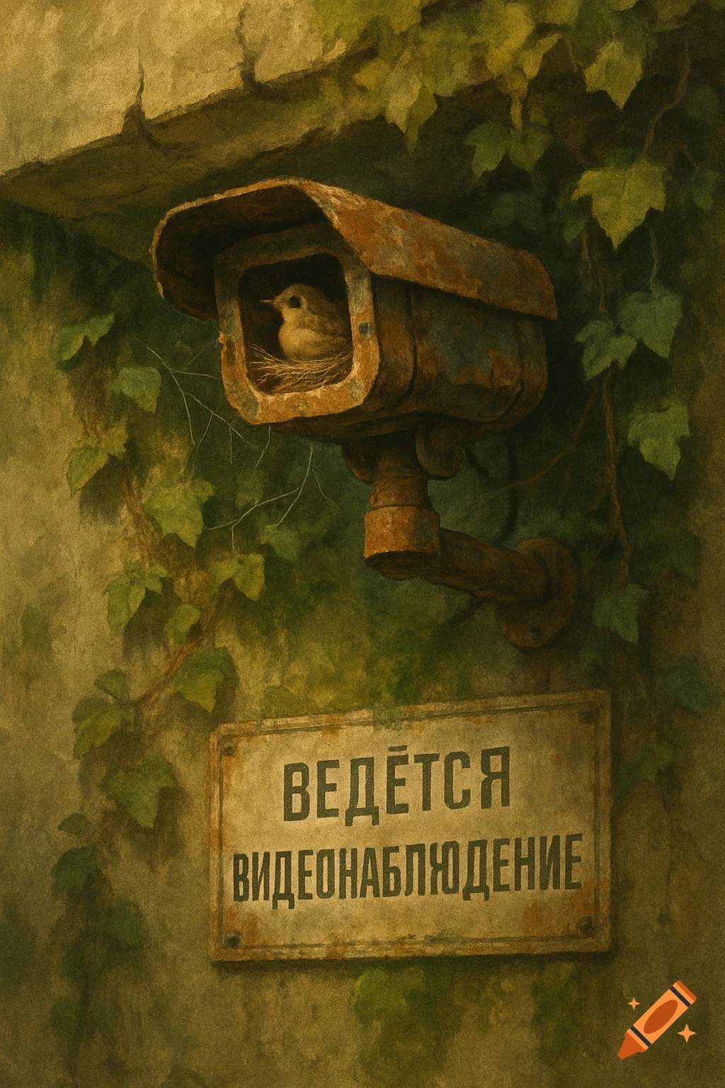 Painterly image of a bird in a nest inside a rusty surveillance camera on an ivy wall above a Russian sign.