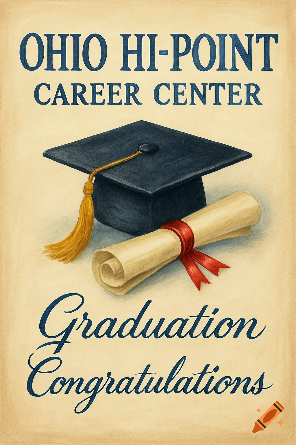 Watercolor illustration of a black graduation cap and a rolled diploma tied with a red ribbon, with text above and below.
