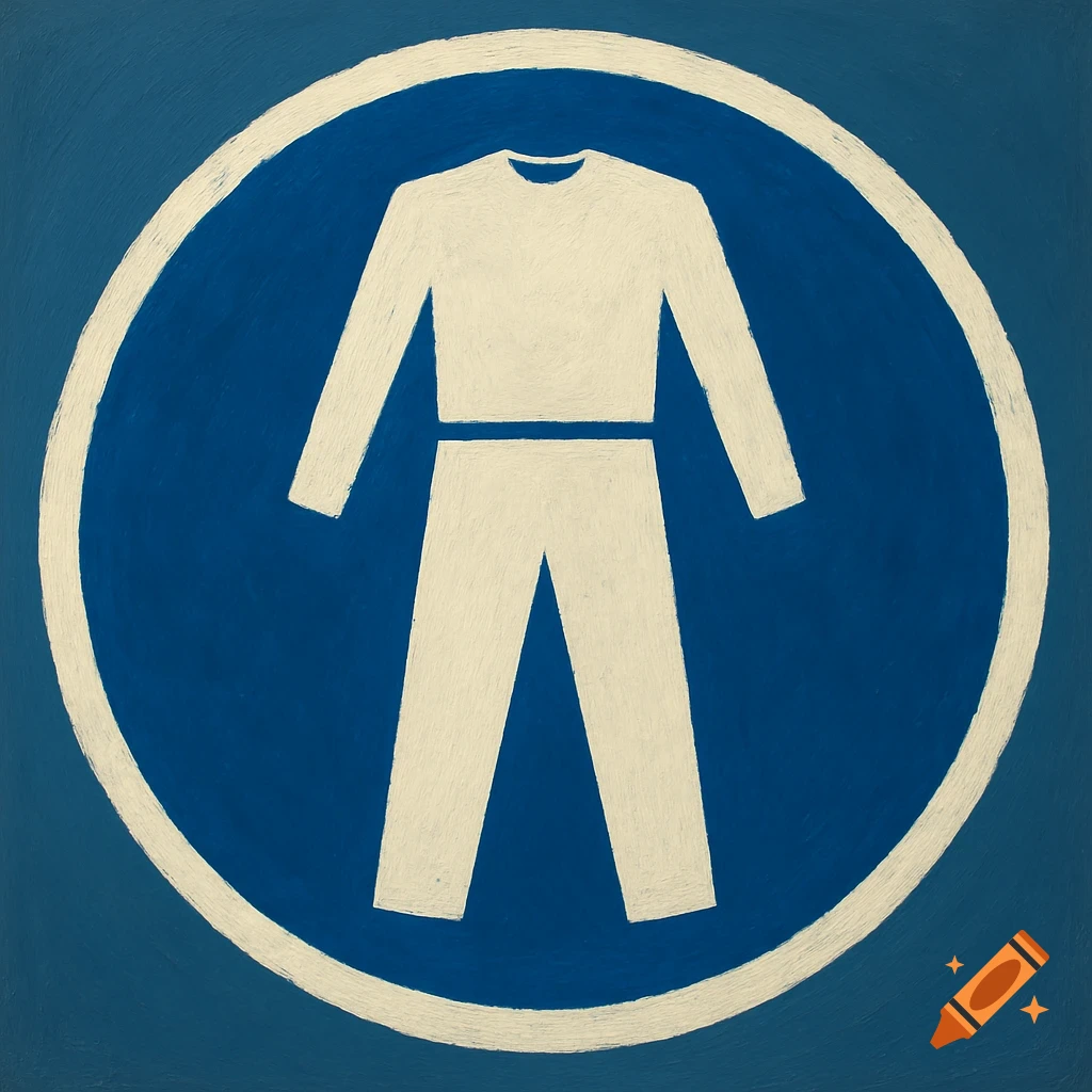 Safety sign symbol showing a person in long sleeves and trousers inside a blue circle, with brushstroke texture.