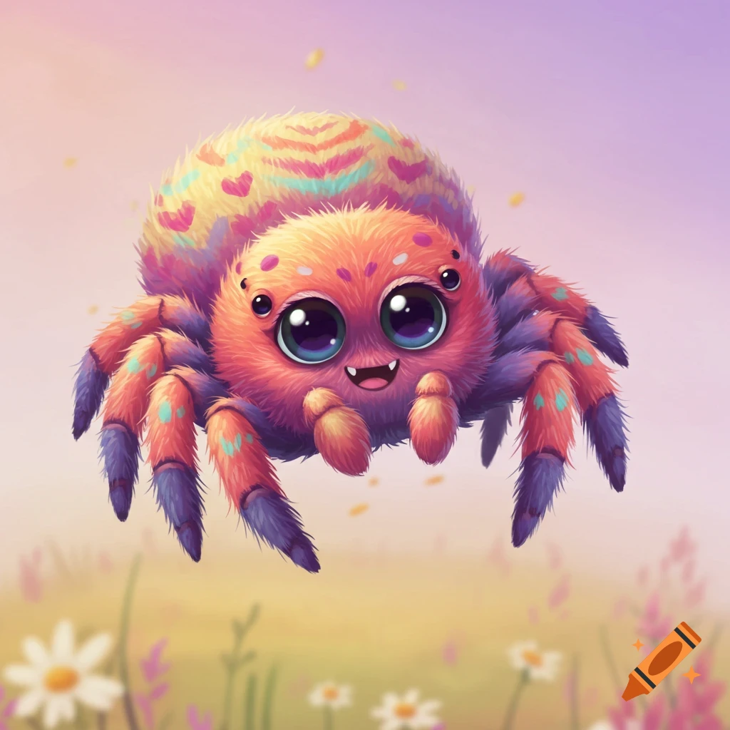 Cute colorful fluffy spider illustration floating over flowers.