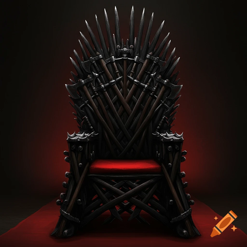 A dark fantasy throne made of swords and axes with a red cushion on a red carpet.