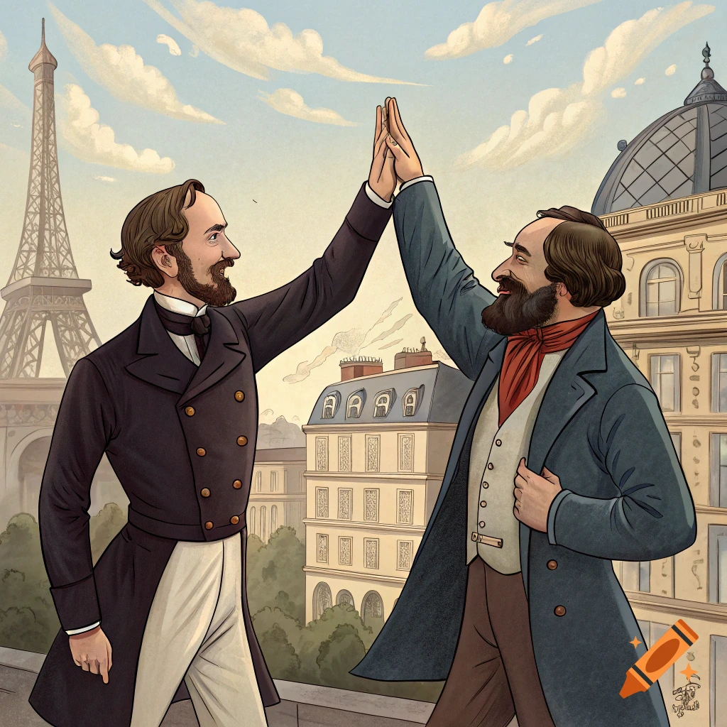Illustration of two men in 19th-century clothes high-fiving on a Parisian balcony with the Eiffel Tower in the background.