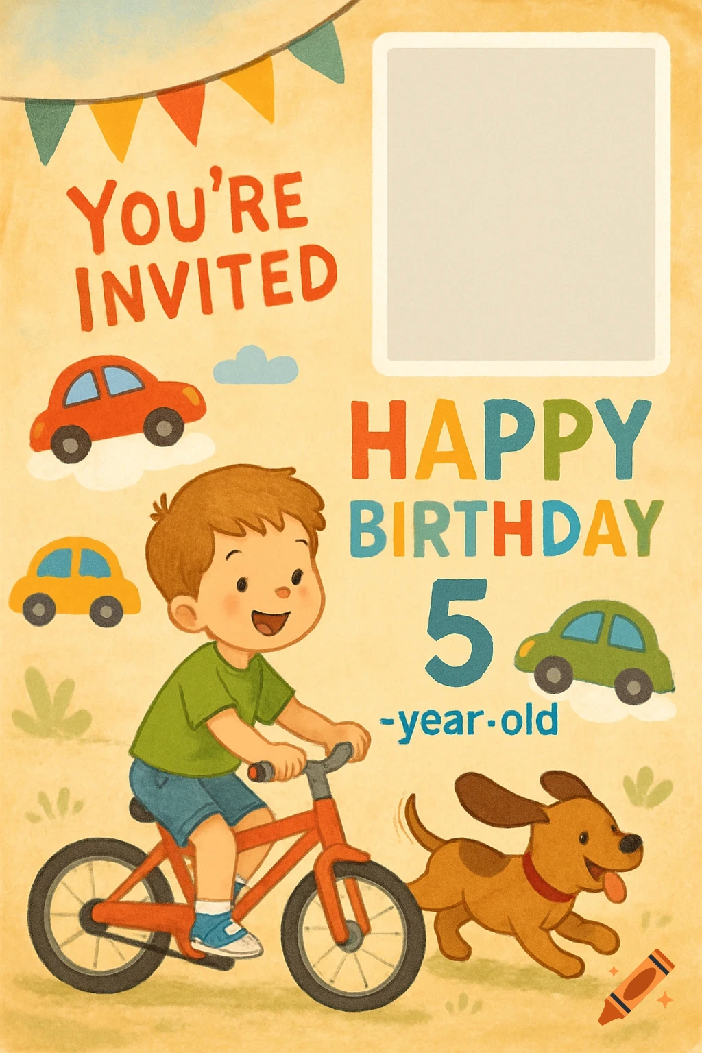 Illustrated birthday invitation for a 5-year-old boy, showing a boy on a bike, a dog, cars, and text saying "You're Invited, Happy Birthday 5 -year-old".