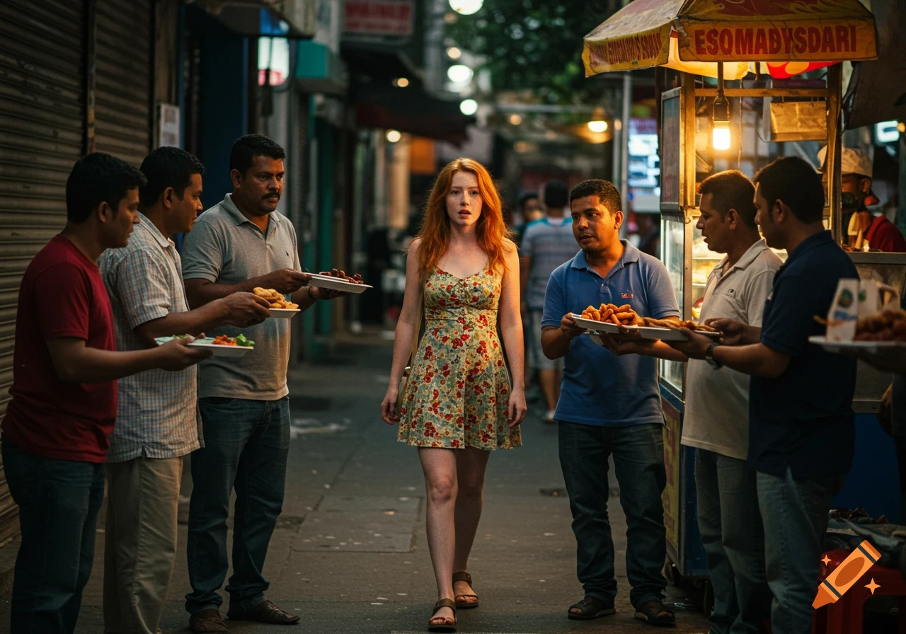 A red-headed woman walks through a bustling street market where several men offer her plates of food from stalls.
