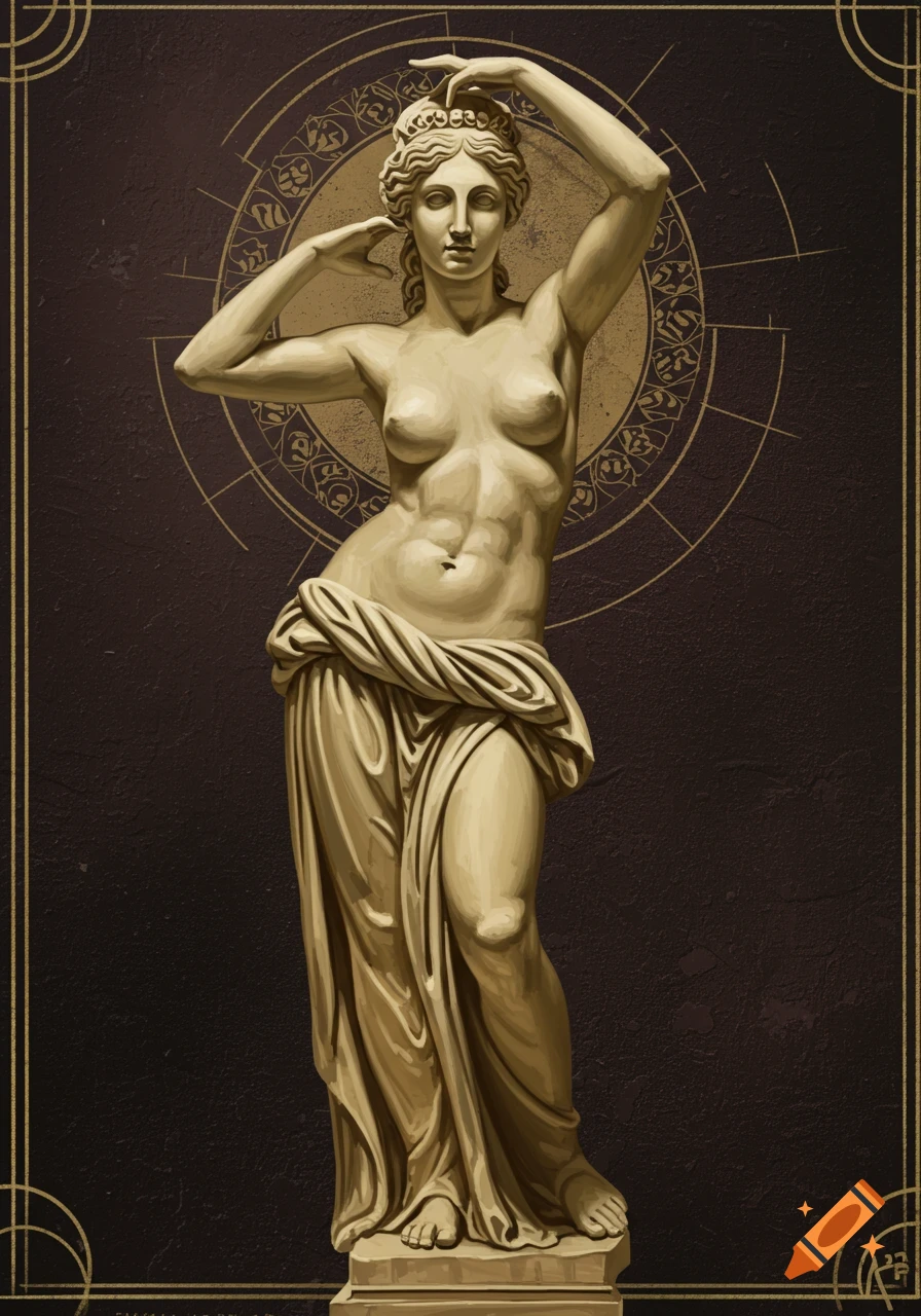 Sculpture of a classical female figure draped in fabric, against a dark background with gold patterns.