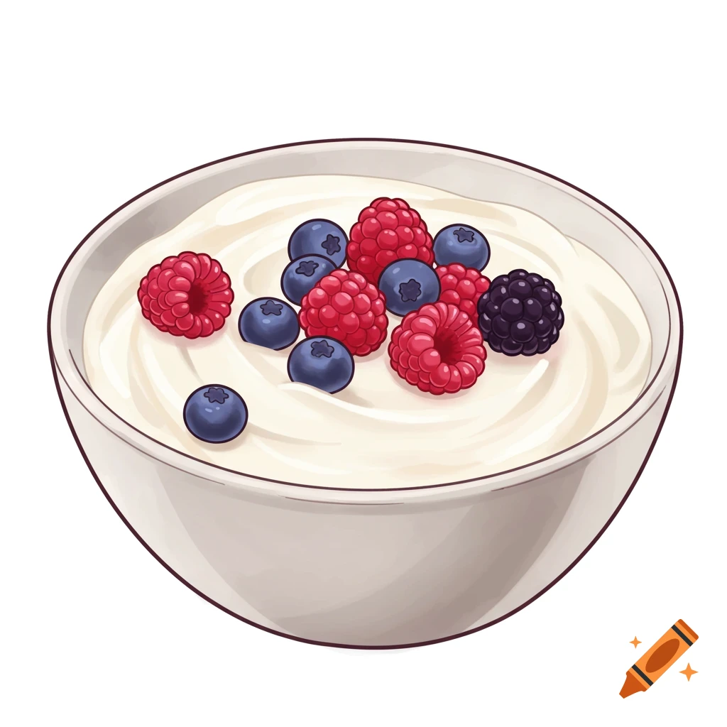A bowl of yogurt topped with raspberries and blueberries in a graphic style.