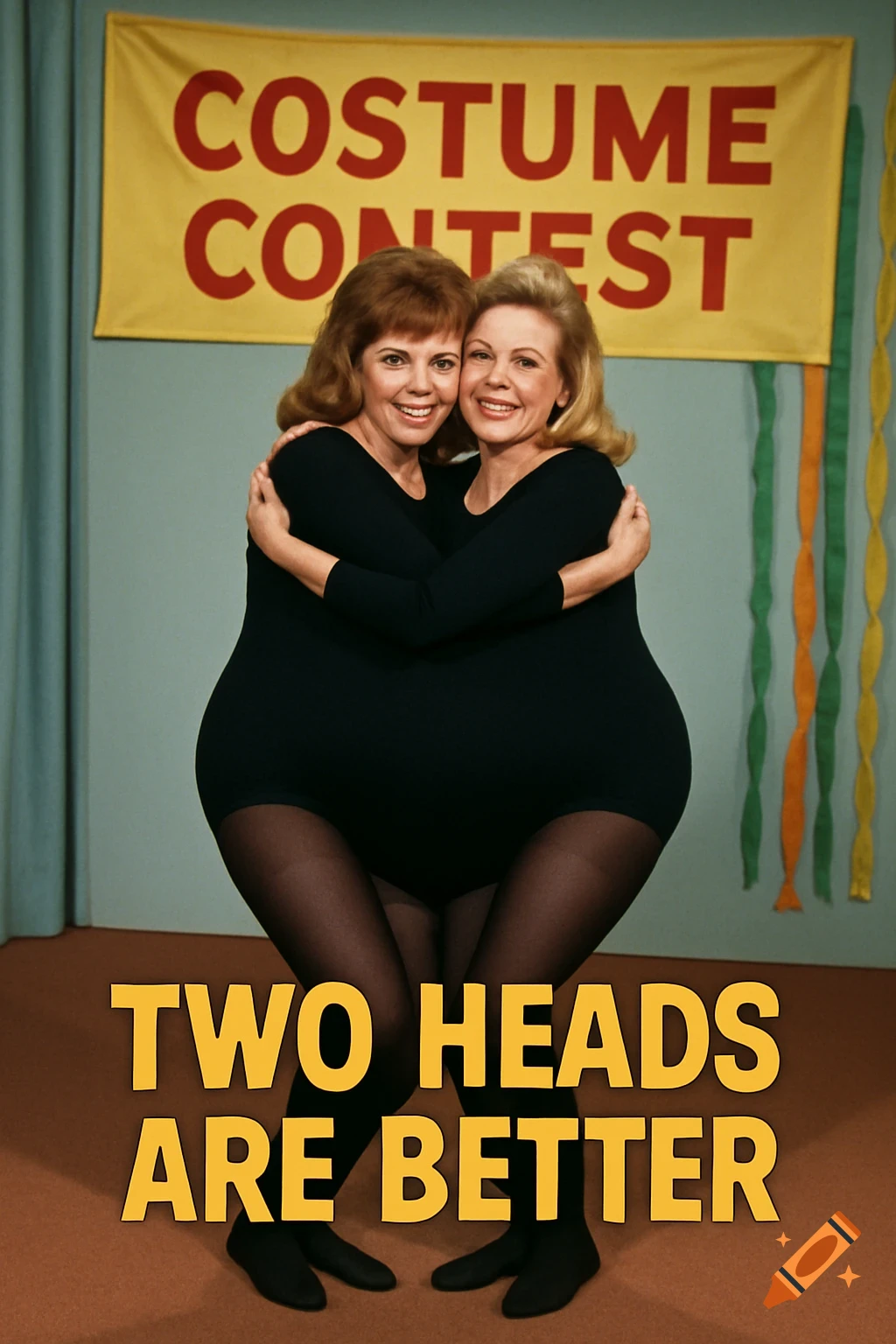 Two women in a two-headed costume hug in front of a Costume Contest banner. Text overlaid says Two Heads Are Better.