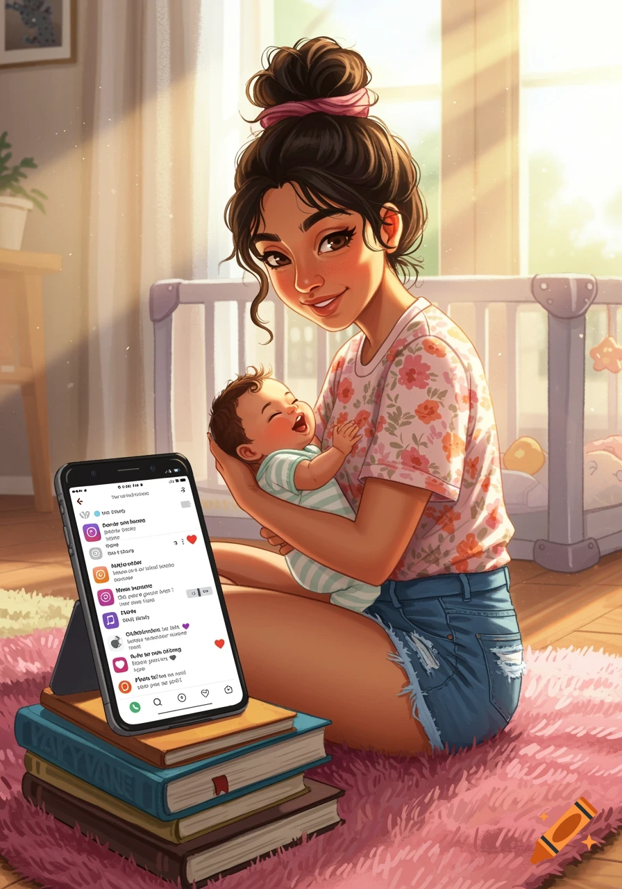 Illustrated mother holding a baby and looking at a phone