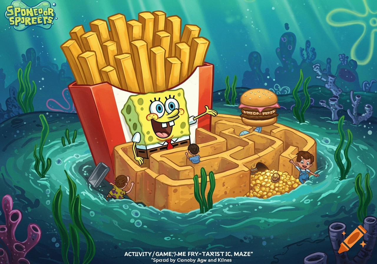 Cartoon Spongebob Squarepants next to a giant fry box maze with kids, underwater scene.