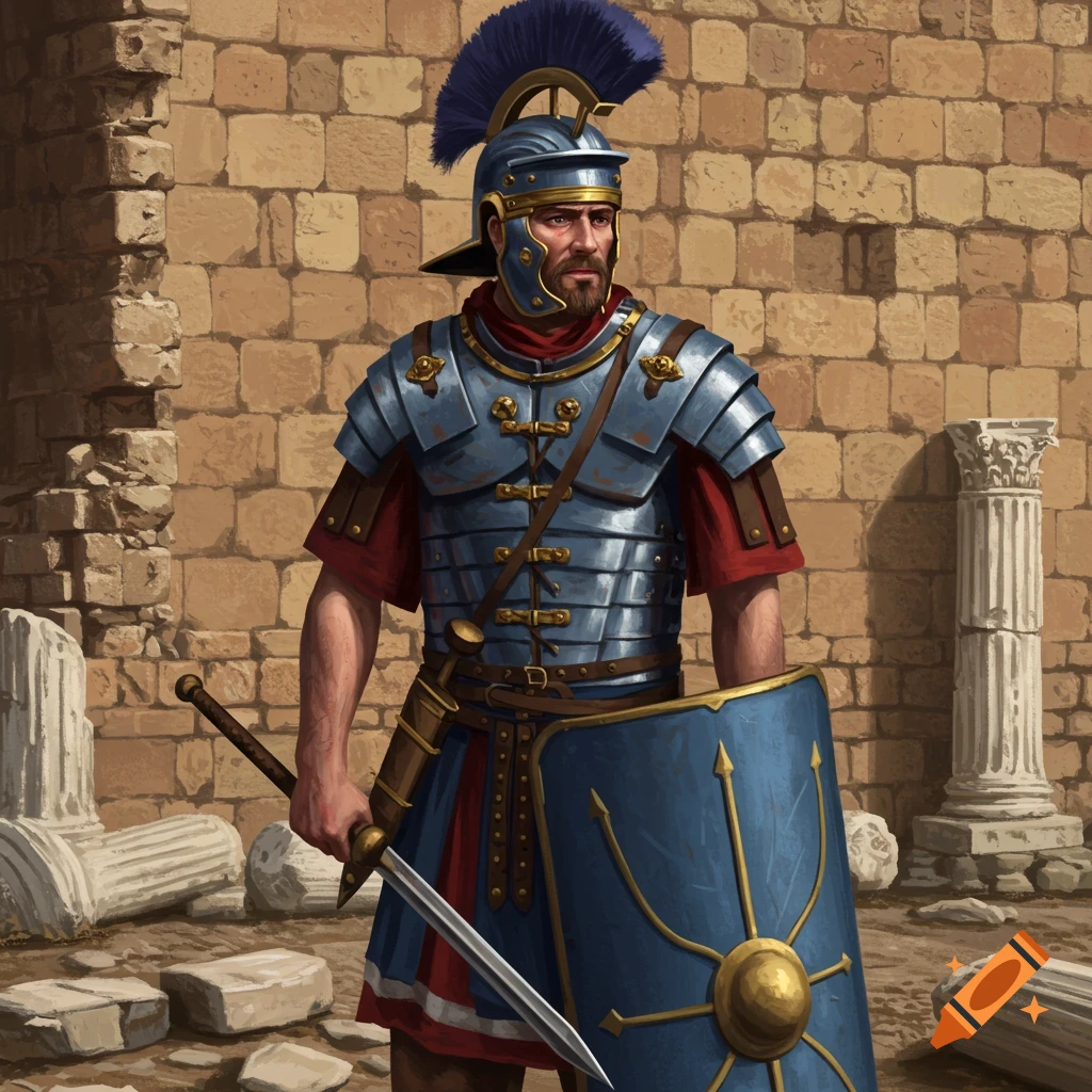 A Roman soldier stands holding a sword and shield in front of ruined ancient walls and columns.