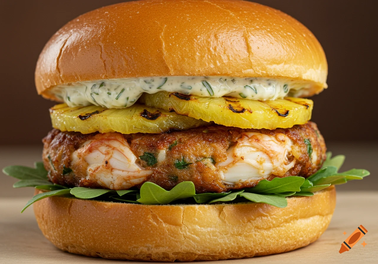 Close-up of a crab cake sandwich with grilled pineapple, arugula, and tarragon aioli on a brioche bun