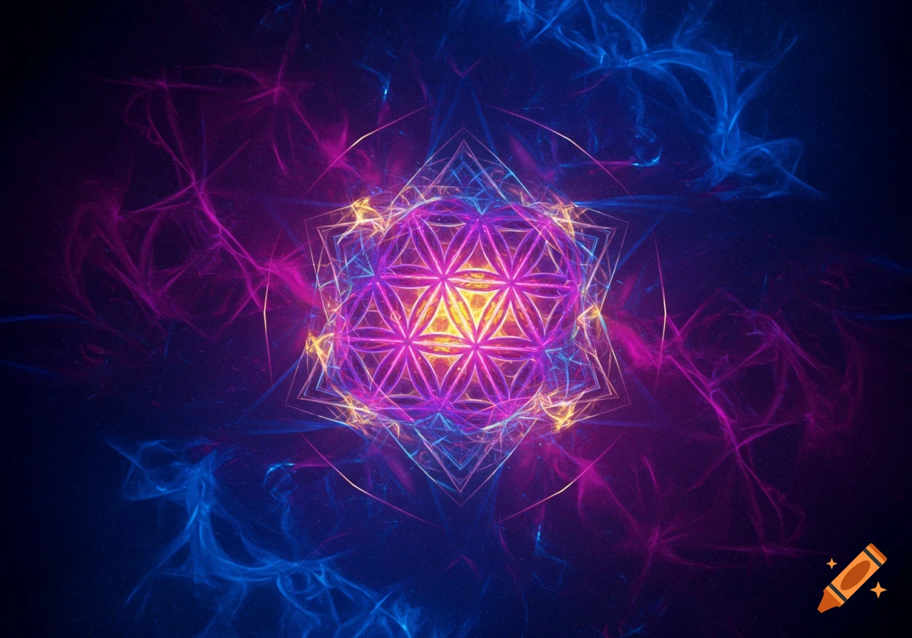 Psychedelic sacred geometry design in pink, purple, blue, and gold