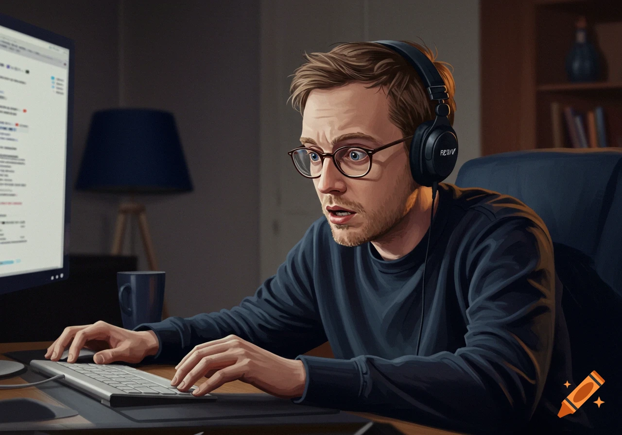 Digital illustration of a man with headphones and glasses looking intently at a computer screen while typing.