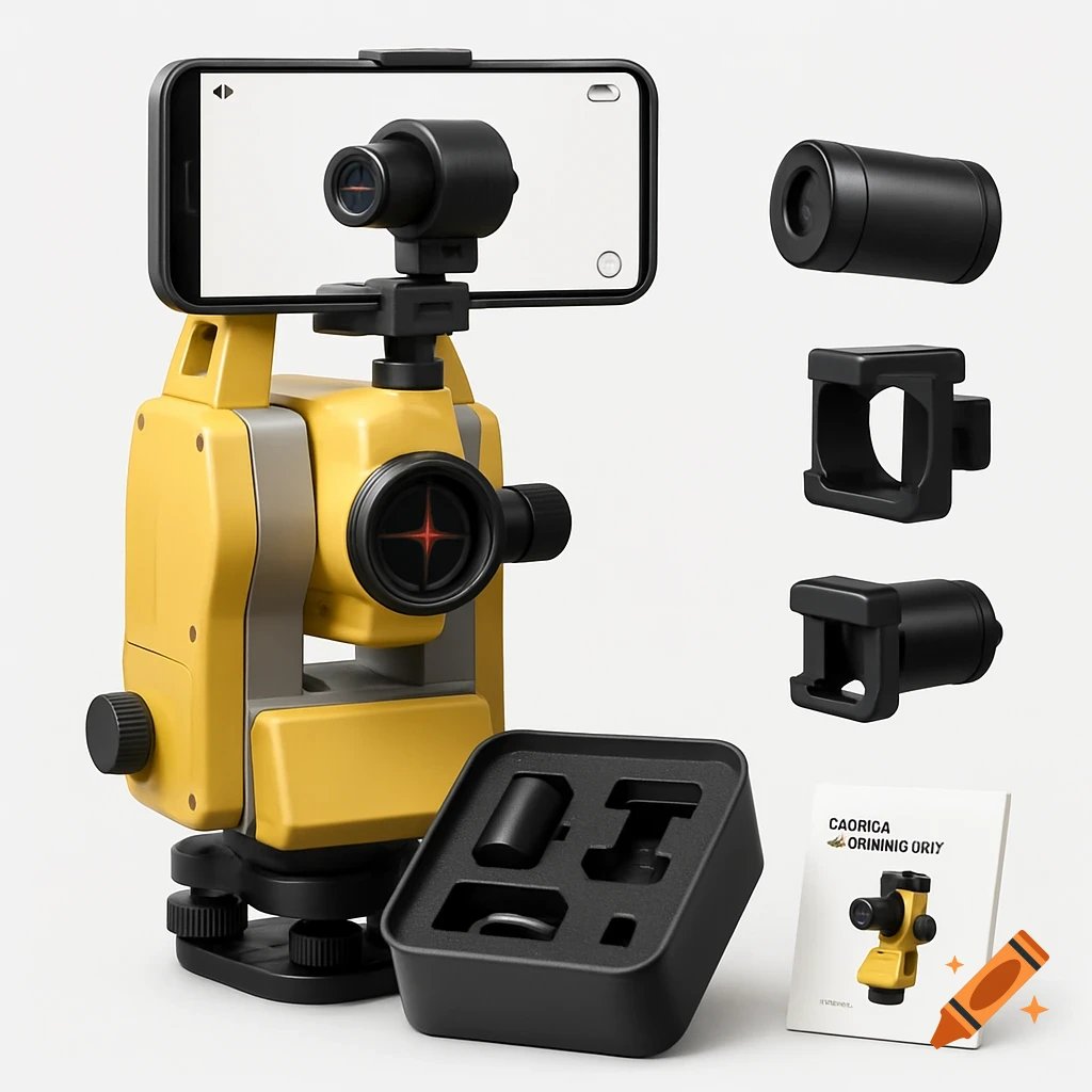 A yellow surveying total station with a smartphone holder and camera attachment, shown with accessories and a product manual.