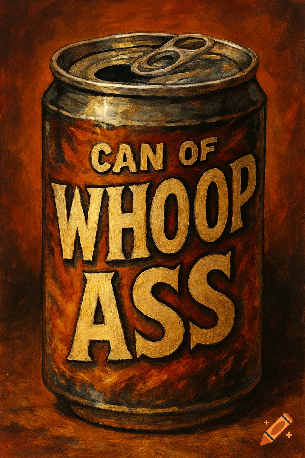 Painting of a metal can labeled 'Can of Whoop Ass' on Craiyon
