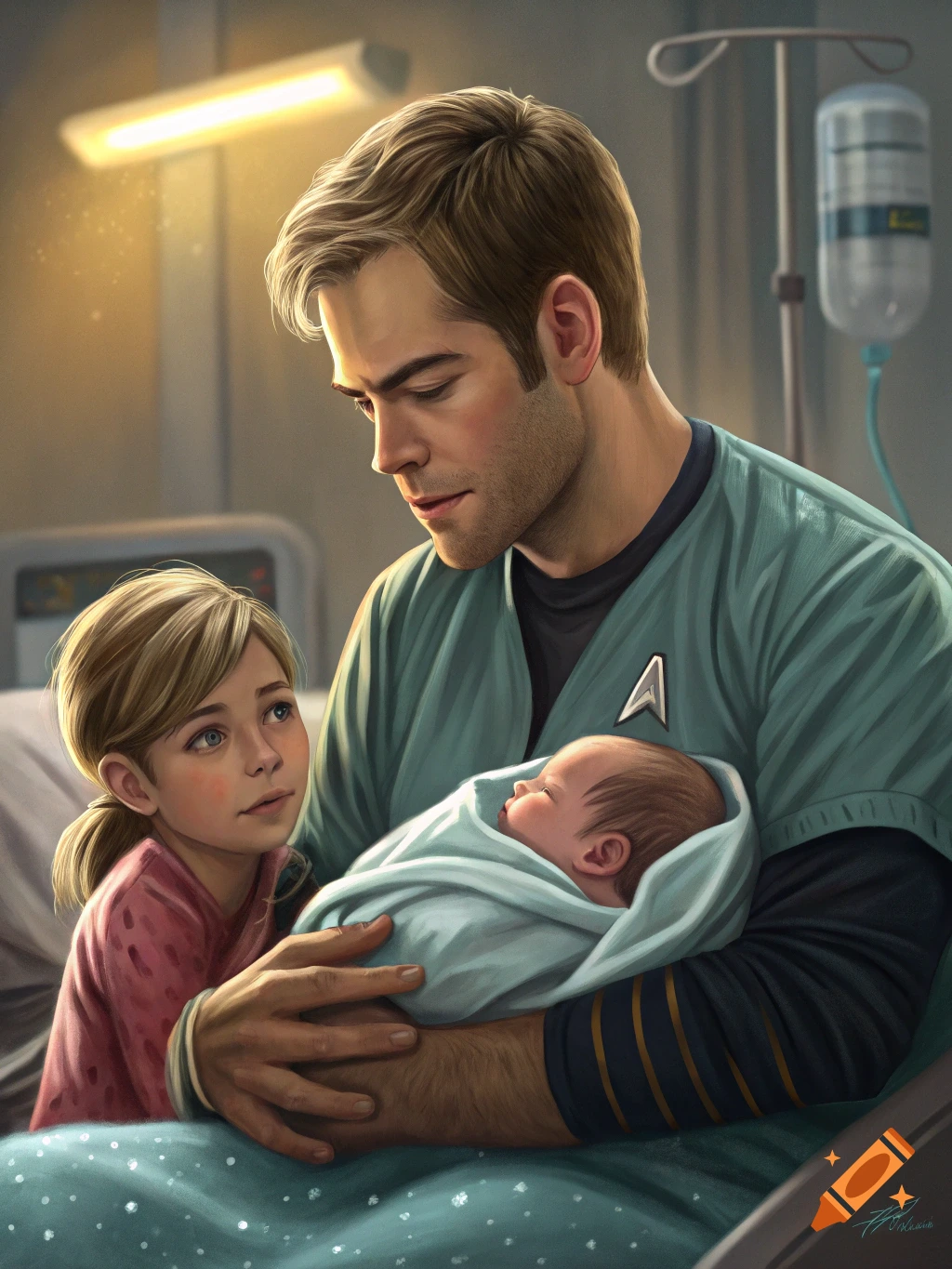 Digital painting of a man in scrubs holding a baby, a young girl looks on, in a hospital room.