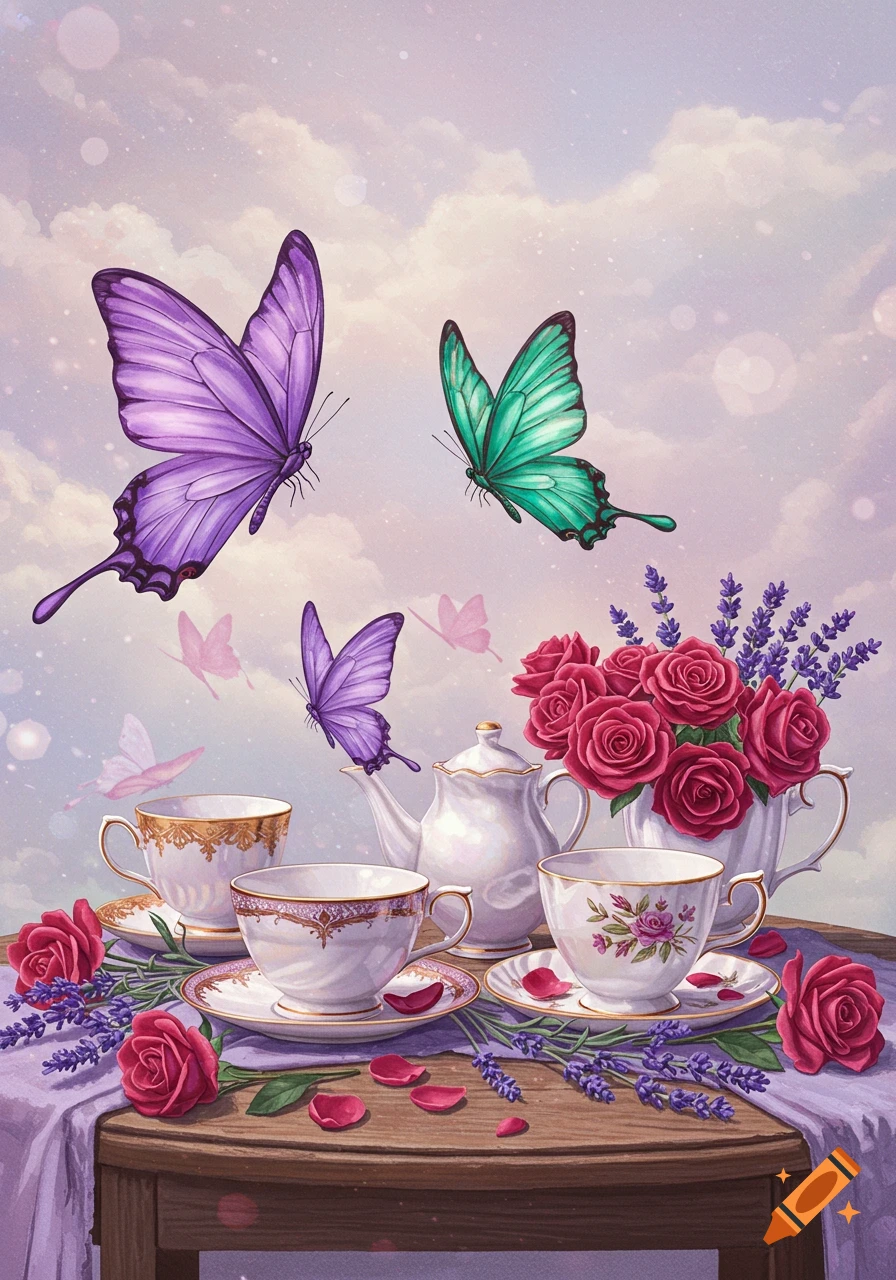 Illustrative scene of butterflies flying around a tea set with roses and lavender on a table.