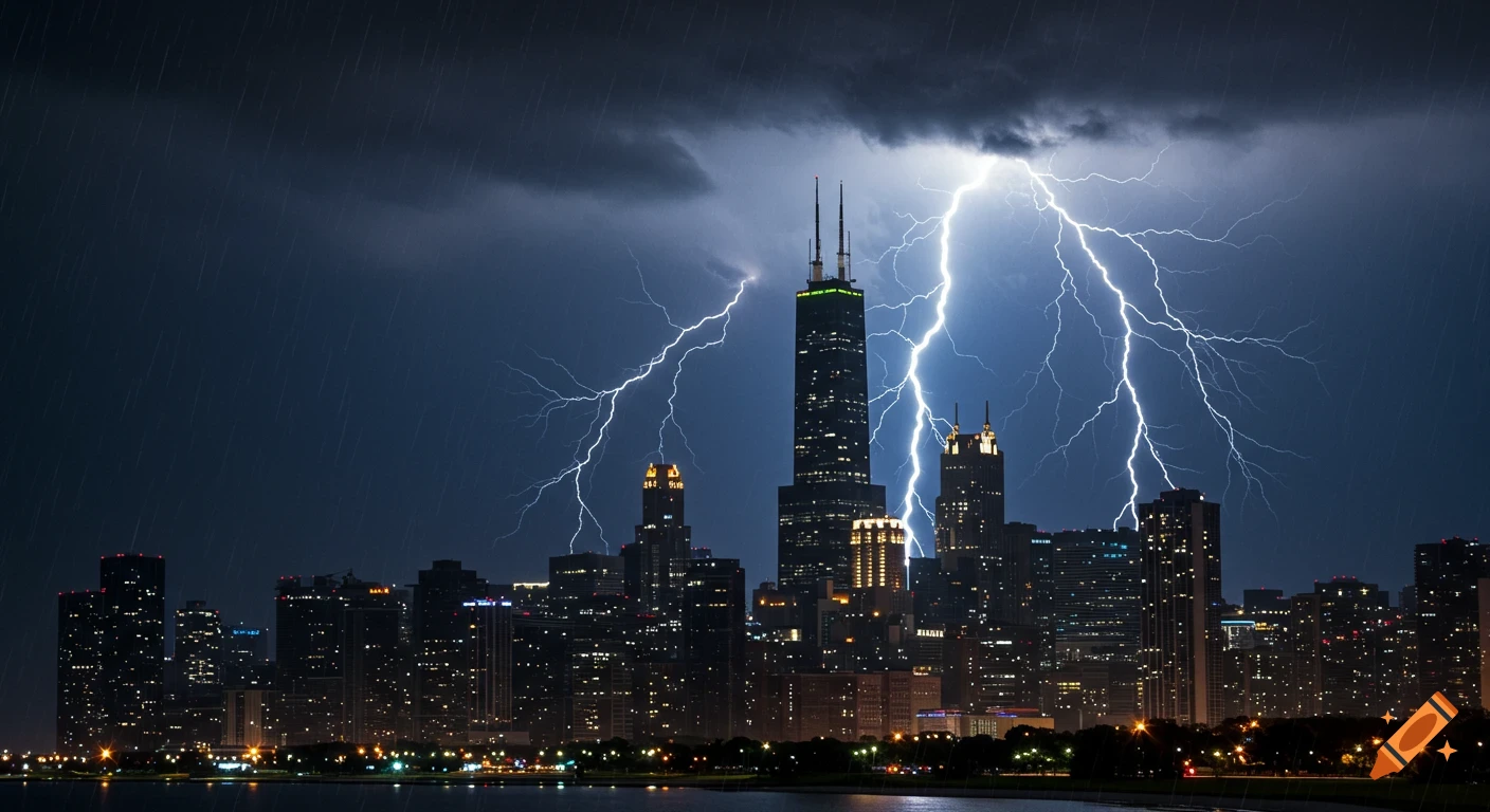 Chicago skyline during a thunderstorm with lightning strikes