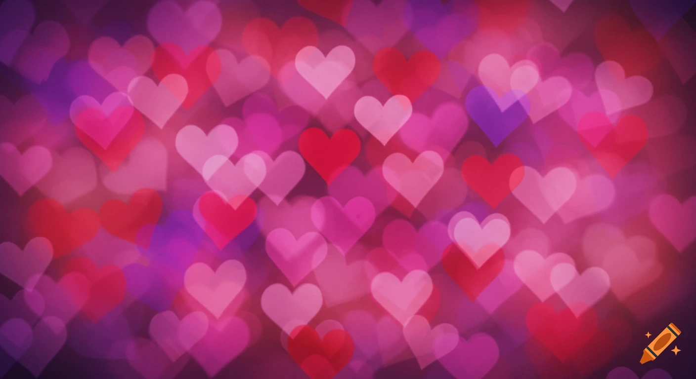 Blurred heart-shaped bokeh lights in pink, red, and purple.