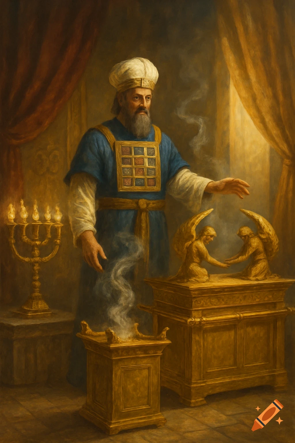 High priest in a temple with Ark of the Covenant, menorah, and altar in painting style