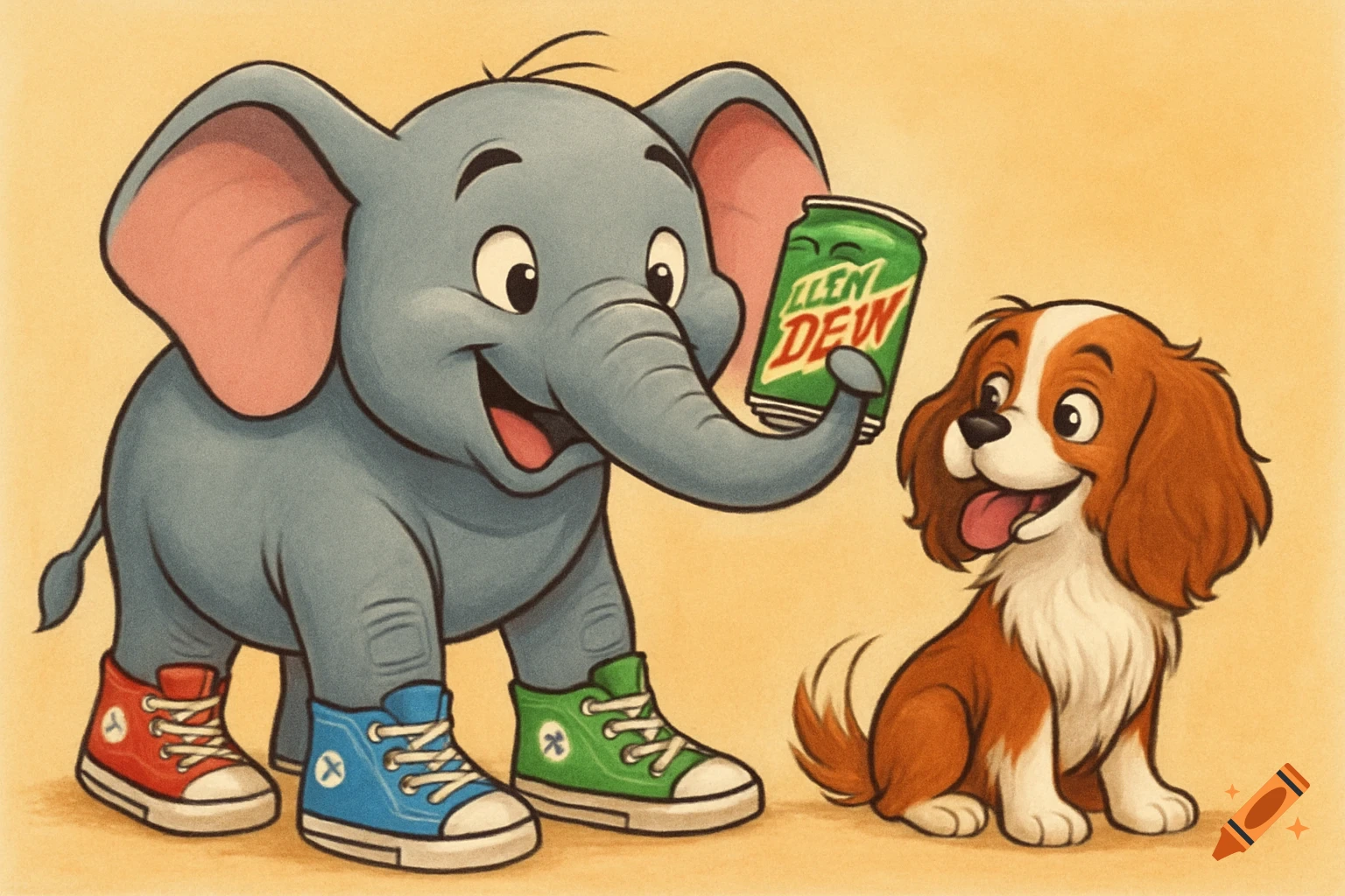 A cheerful cartoon elephant in colorful sneakers holds a can of soda next to a smiling dog.