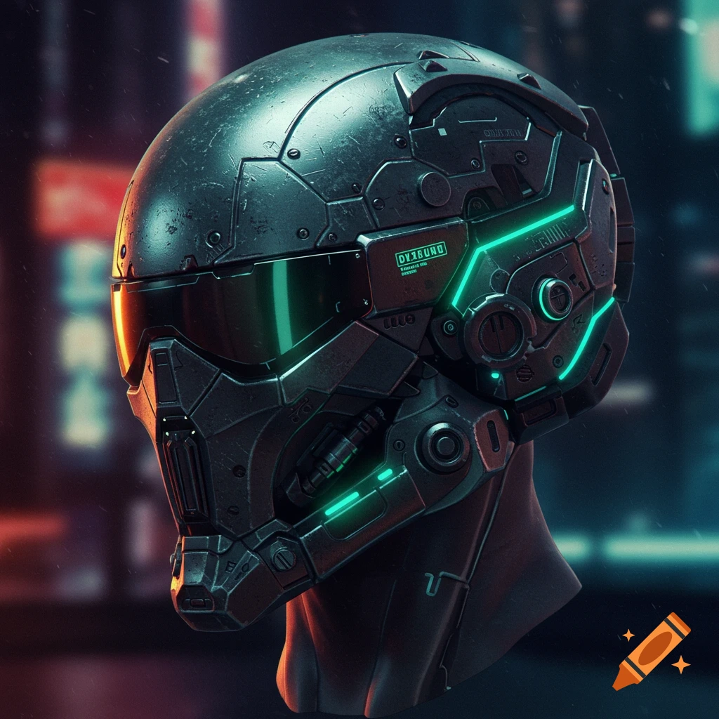 Close-up of a dark futuristic helmet with glowing green lights against a blurry cyberpunk city background.