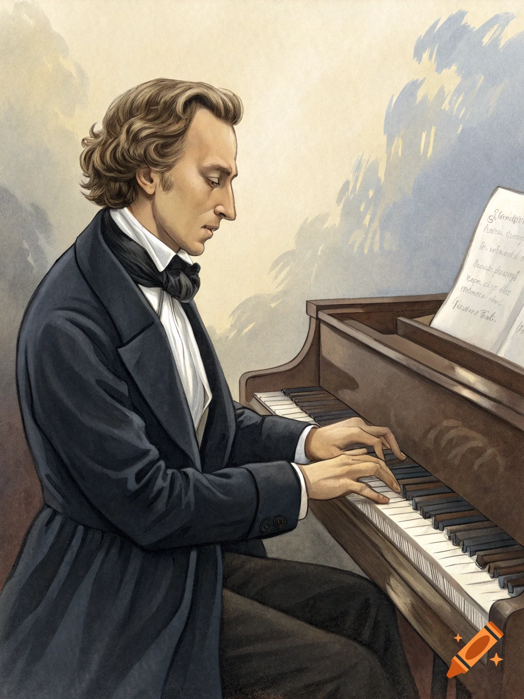 Illustration of Frederic Chopin playing the piano