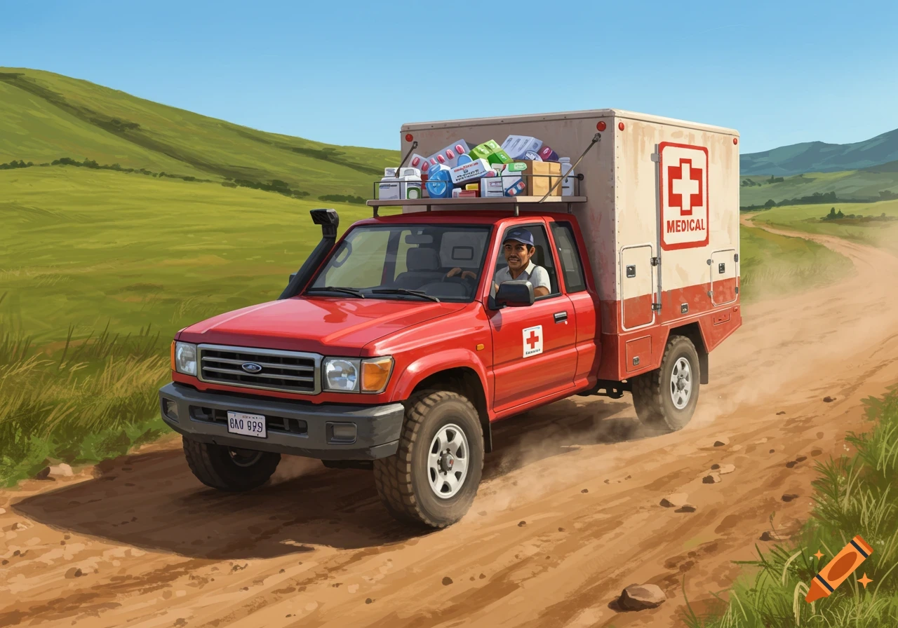 A red pickup truck with medical supplies drives on a dirt road through a grassy landscape, painted style.