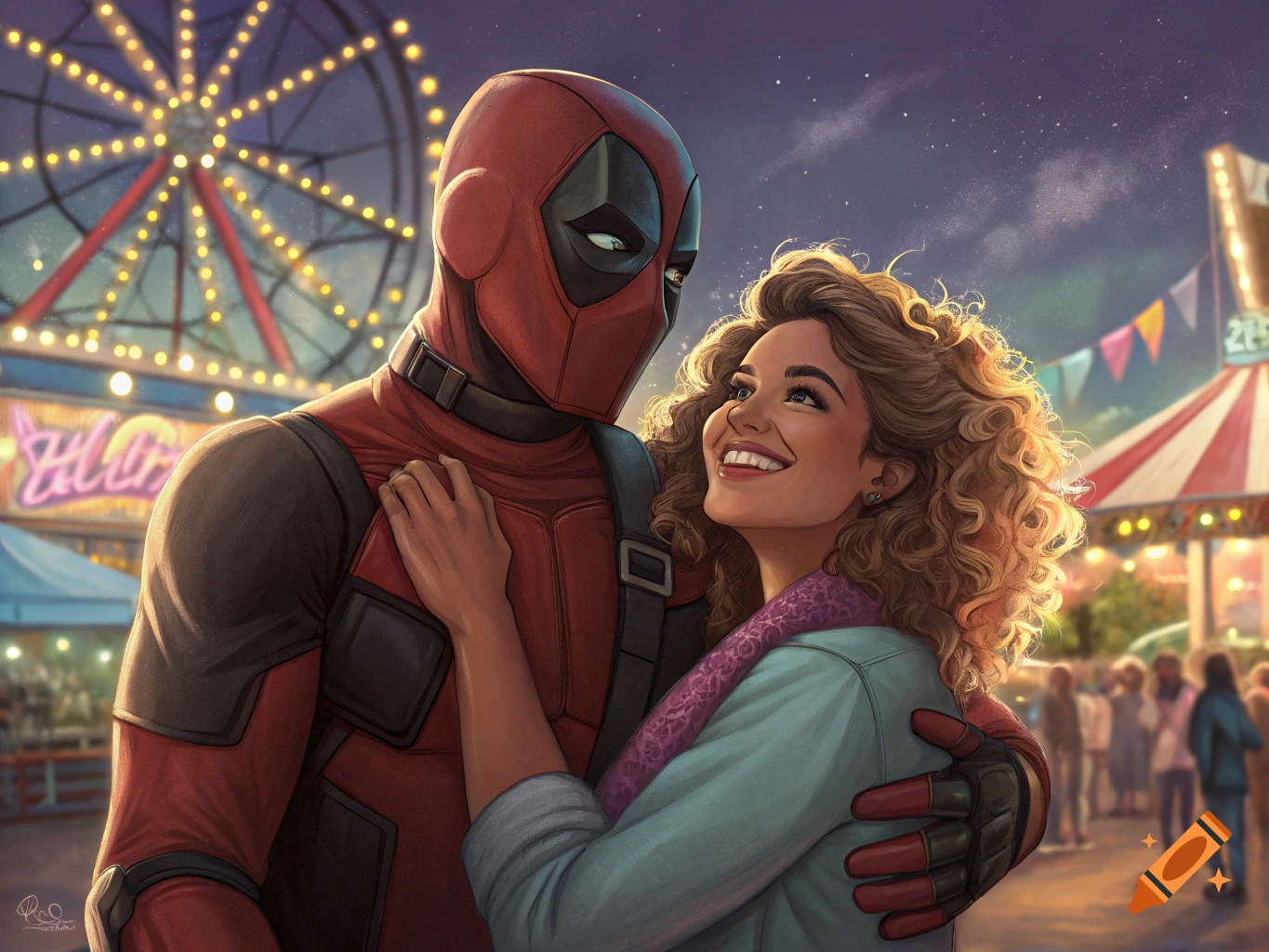 Deadpool and a smiling woman embrace at a busy carnival at night