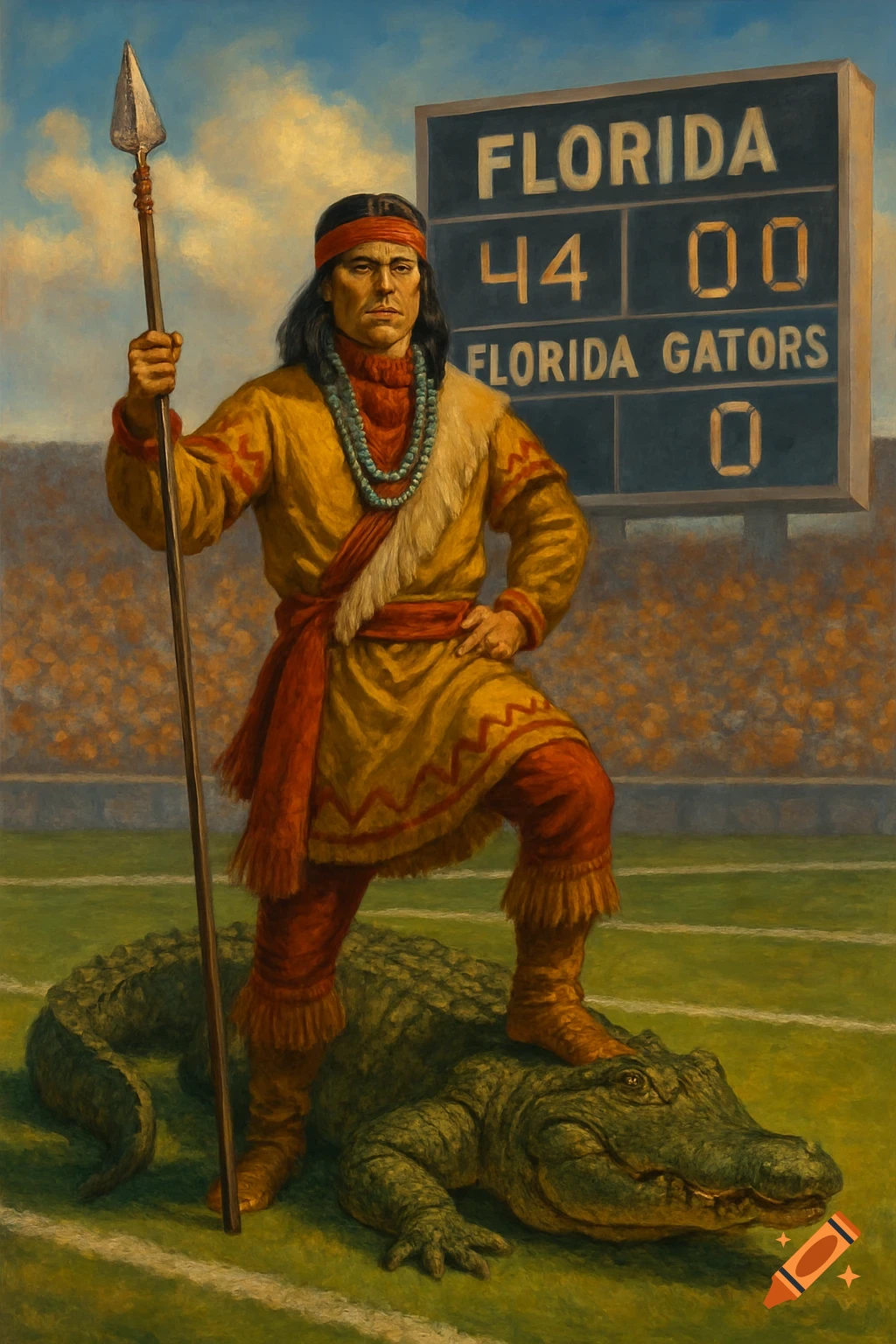 Painting of a man in a tribal costume standing on an alligator on a football field, a scoreboard shows 'FLORIDA 44'
