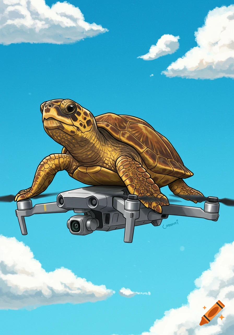 Illustration of a loggerhead turtle riding a drone in a blue sky with clouds.