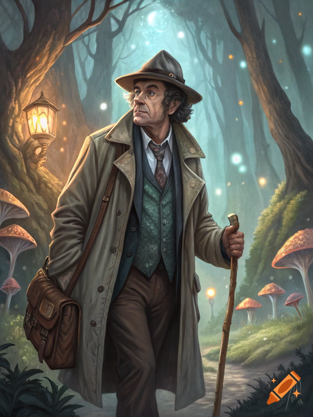 An illustration of a man in a trench coat and hat walking through a magical forest with large mushrooms.