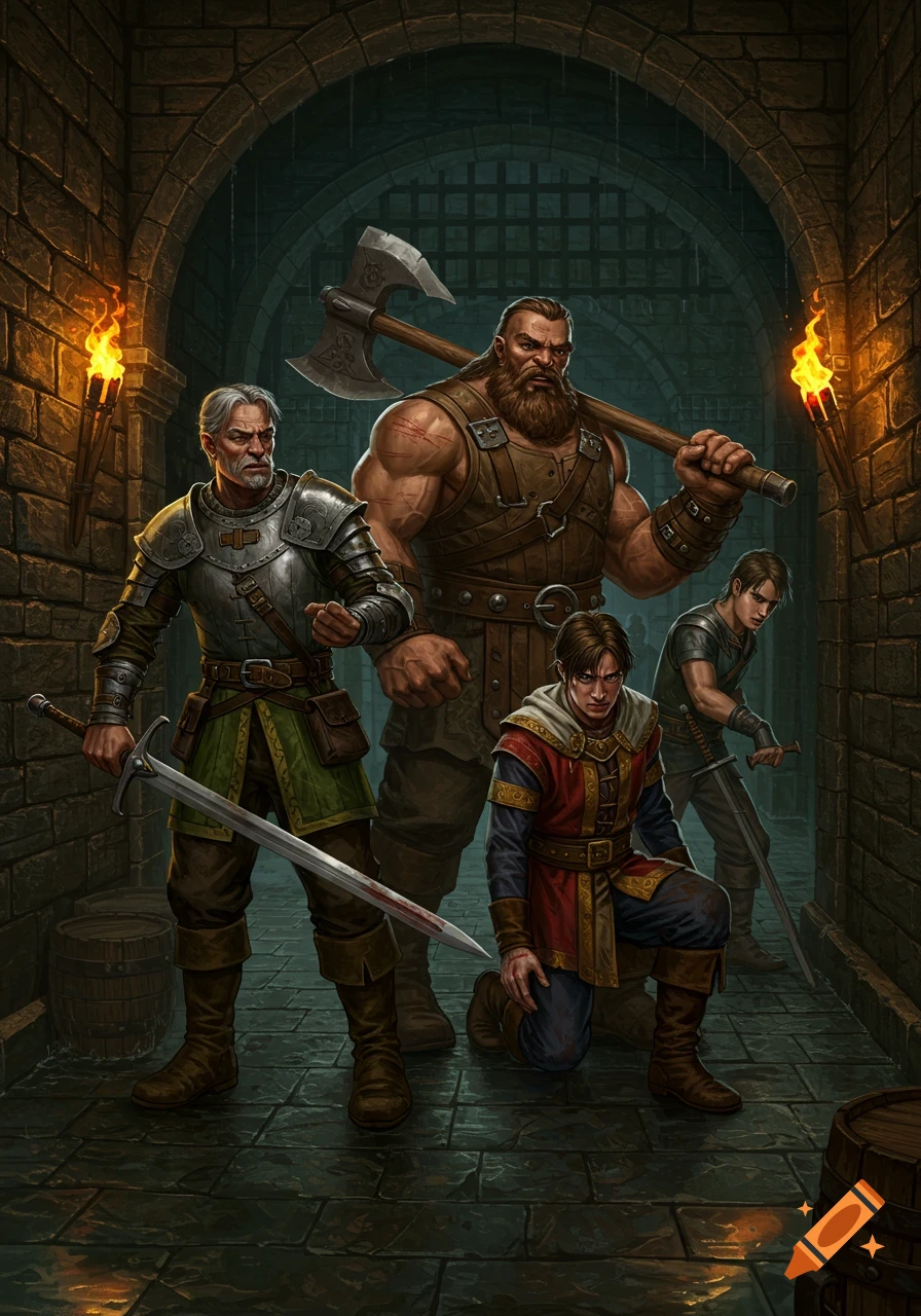 Fantasy warriors in a dimly lit dungeon corridor with torches.