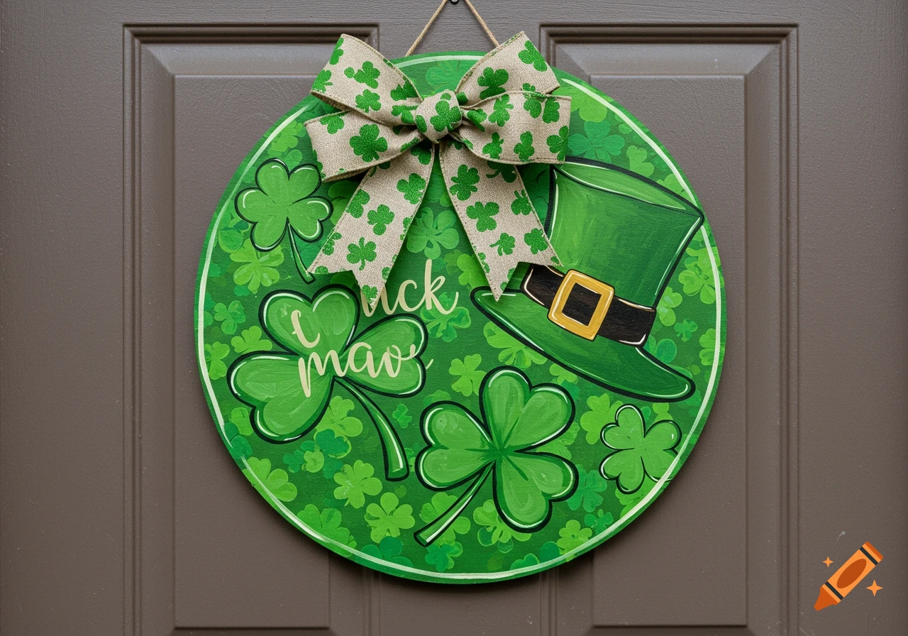 A round green door decoration for St. Patrick's Day with painted shamrocks, a green leprechaun hat, a burlap bow, and the text "Luck Y'all".
