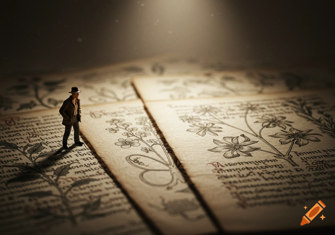Miniature figure stands on old manuscript pages with illustrations and text, lit by spotlight