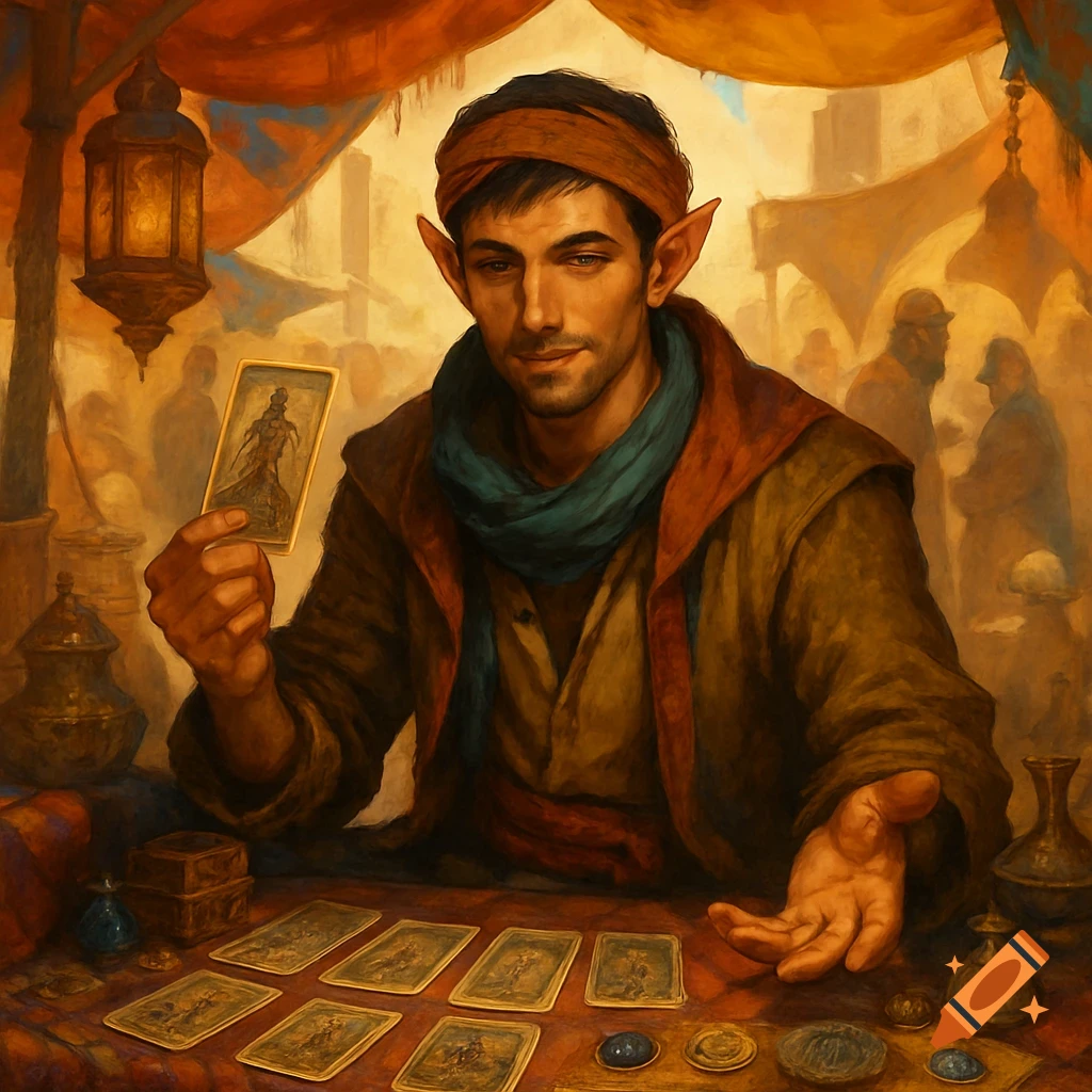 A half-elf fortune teller shows a tarot card at a fantasy market stall, digital painting.