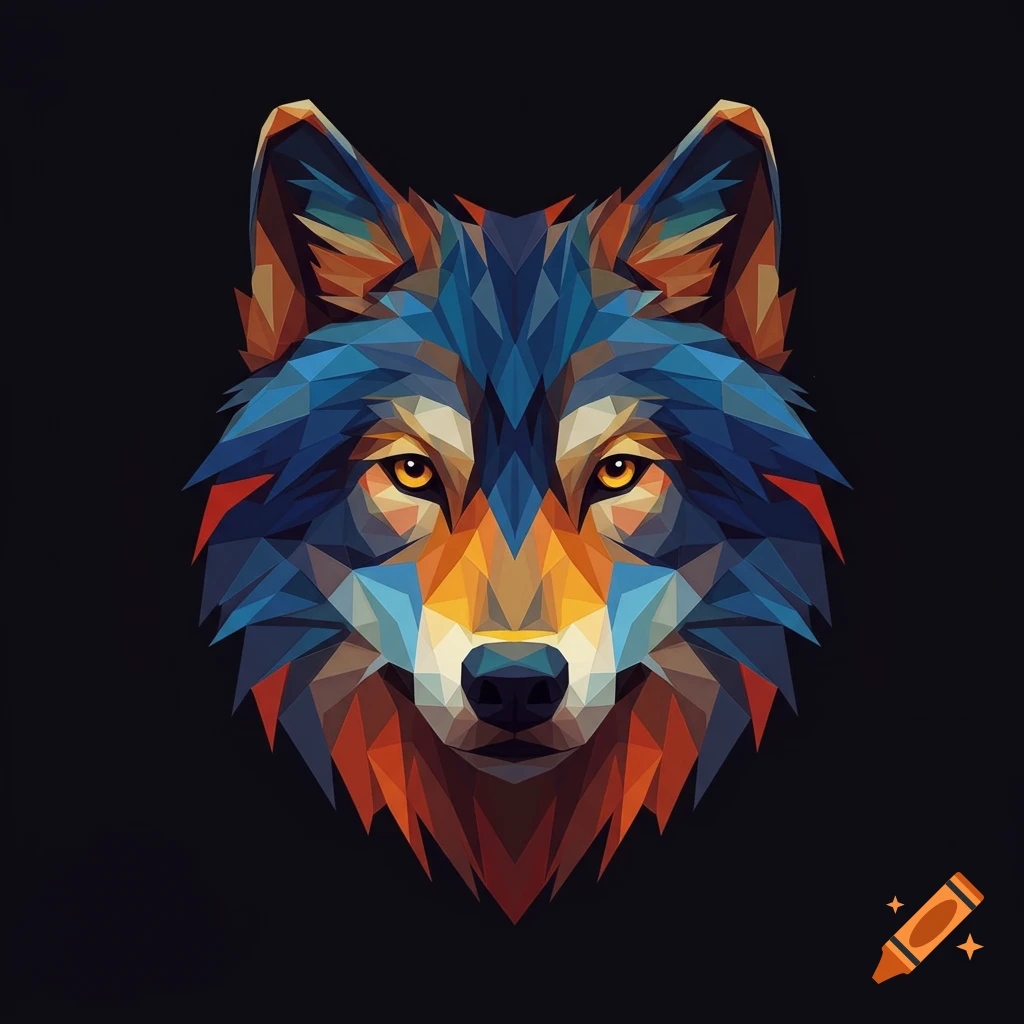 A stylized wolf head composed of colorful geometric shapes against a black background.