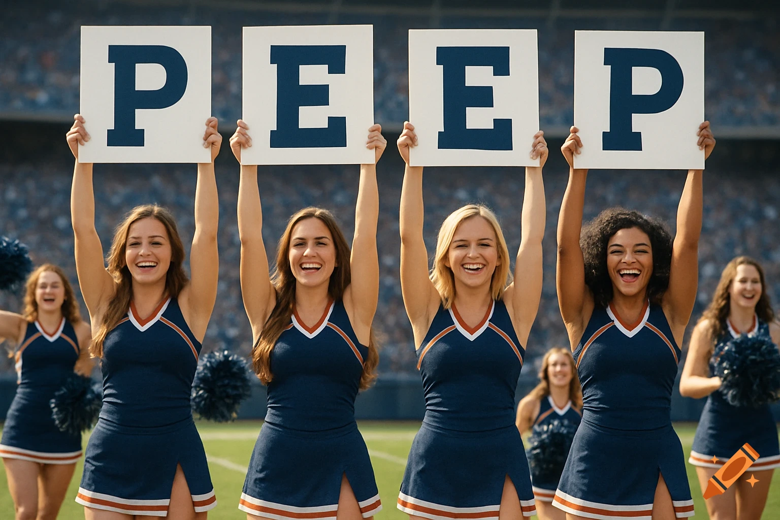 Cheerleaders hold signs spelling PEEP at a stadium.