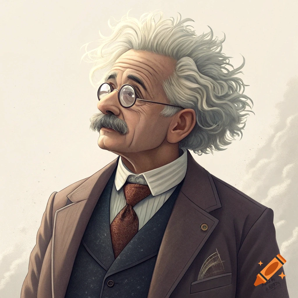 Illustration of a man resembling Albert Einstein looking up, wearing a suit and glasses.