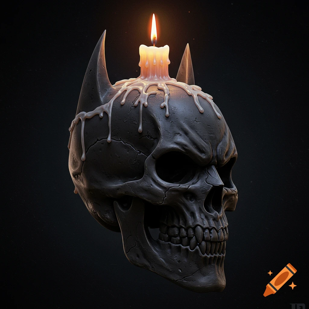 Dark skull with pointy ears and a melting candle on top