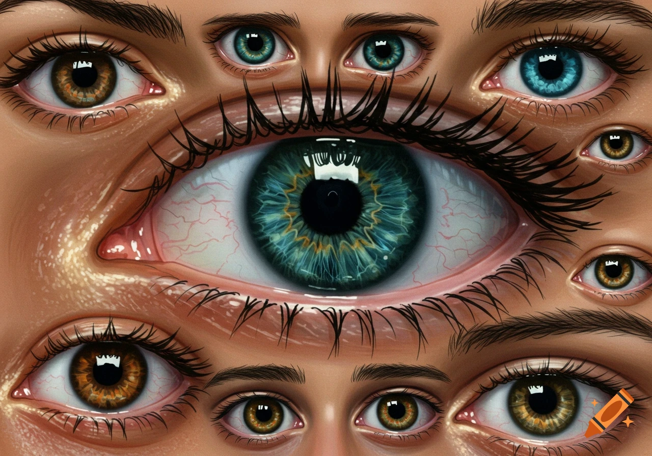 Close-up illustration of multiple human eyes with different colors and sizes.