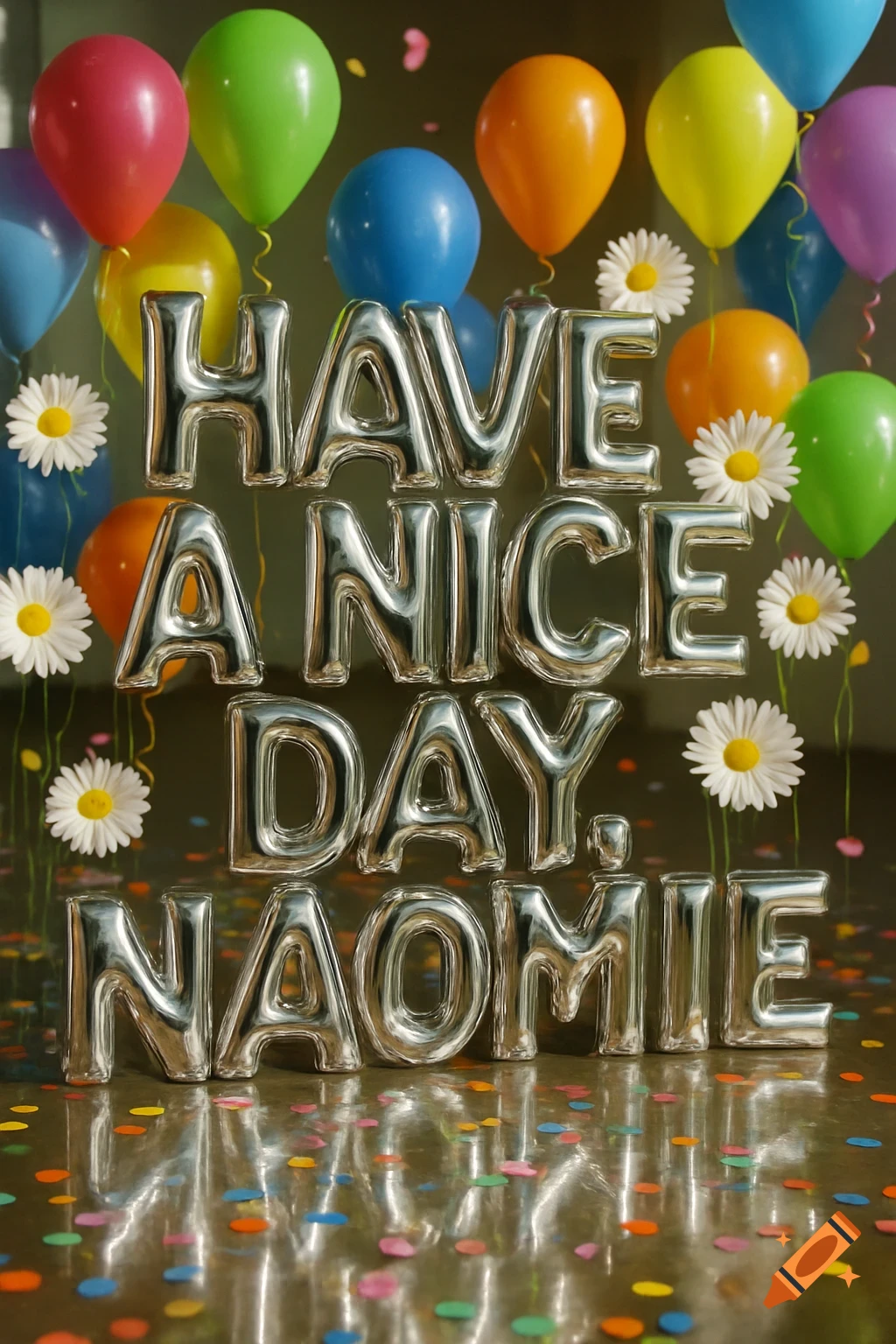 Silver letters spelling HAVE A NICE DAY, NAOMIE surrounded by colorful balloons, daisies, and confetti on a reflective floor.