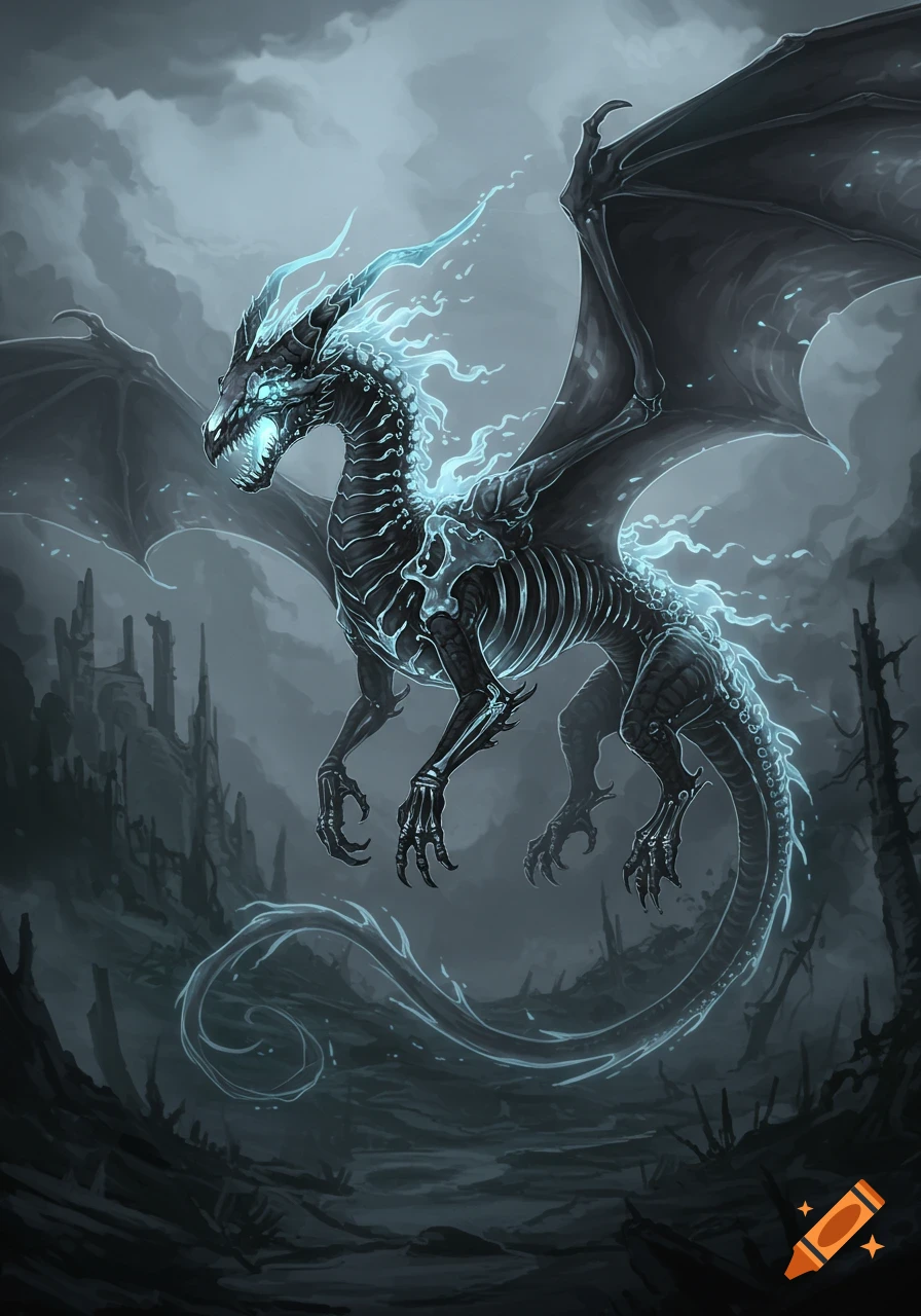 Skeletal ghost dragon flying over a dark, desolate landscape