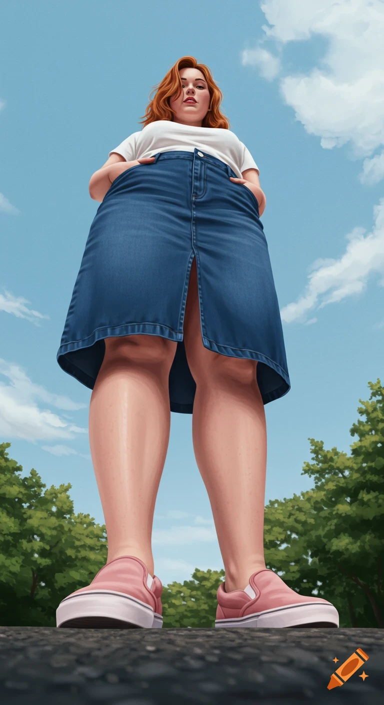 Illustration of a red-haired woman in a denim skirt and pink shoes, viewed from a low angle looking down.
