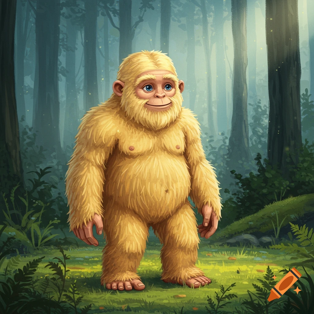 Illustration of a blonde Bigfoot standing in a forest.