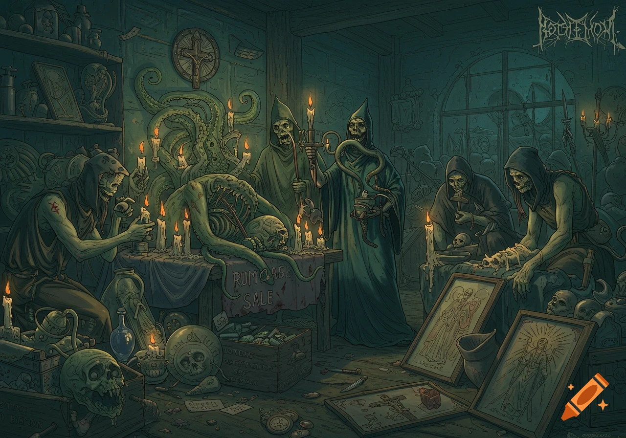 Skeletal figures in dark robes hold a ritual over a tentacled creature or corpse at a table with a 'RUMAGE SALE' sign in a dark, cluttered room filled with eerie objects and candles, stylized illustration.